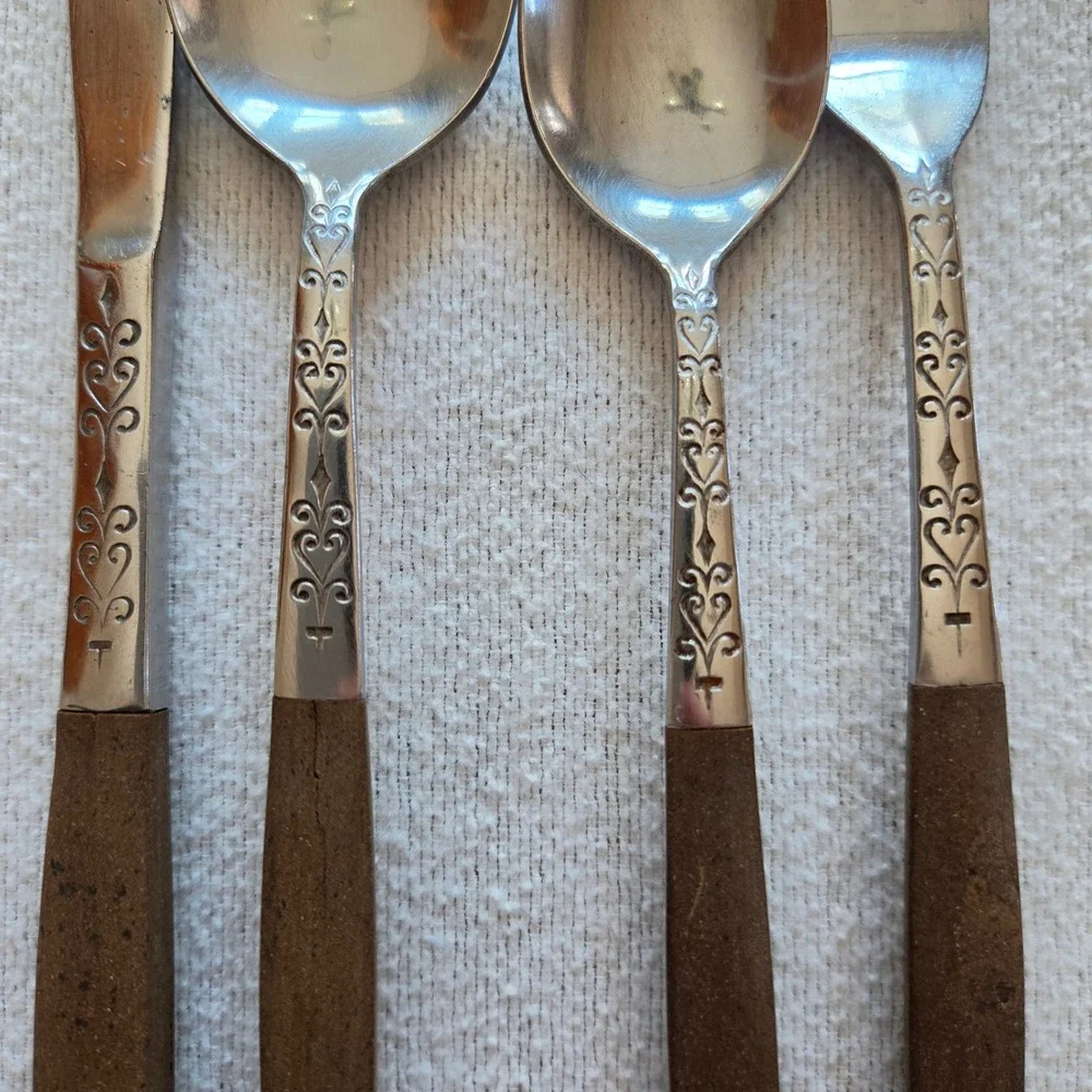 Vintage MCM Interpur INR2 Stainless Steel Faux Wood Handle Flatware 4 pc. Japan